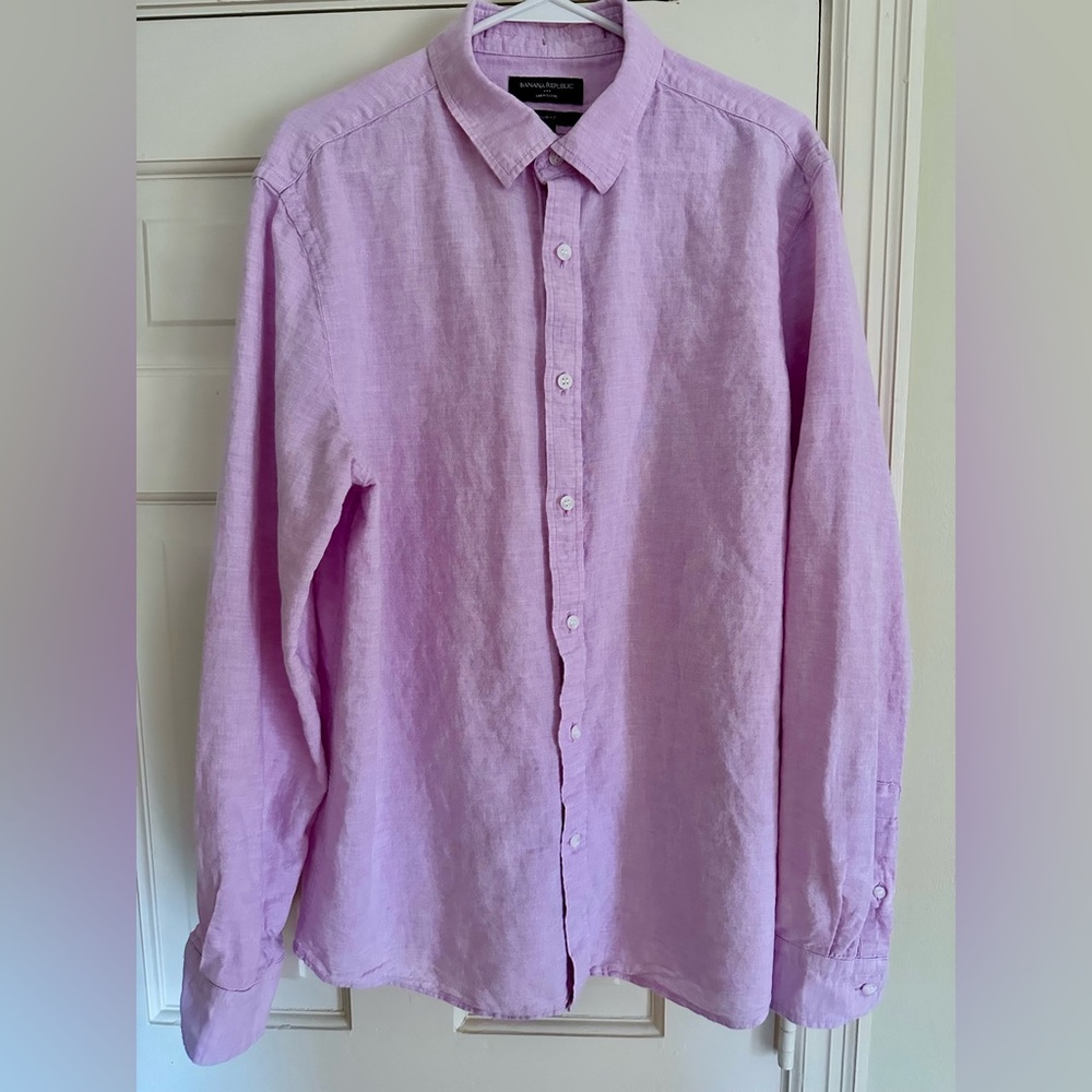 Banana Republic men's L tall slim fit linen blend long sleeve button up shirt